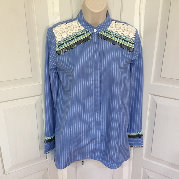 Rococo Sand Blue Striped Blouse with Lace and Beaded Detail - Picture 1 of 16